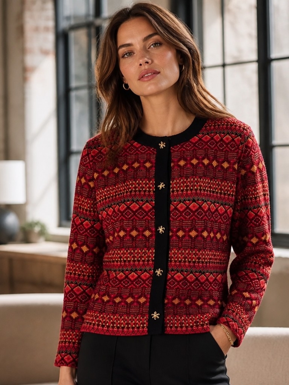 Red Patterned Crewneck Cardigan with Black Trim